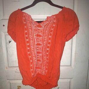 IZ BYER Short Sleeve Floral Orange White Embroidered Top Elastic Casual Boho S